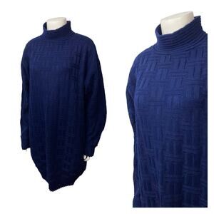 Vintage 1980s Navy Blue Mock Neck Boxy Oversized Long Sweater /  Women’s Medium